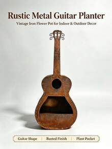 1PC Vintage Iron Guitar Planter, Hollow Design, Outdoor Garden Hanging Flower Pot Decoration Ornament - A - View 5