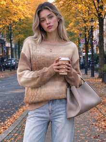 Fall Brown Gradient Knit Sweater For Women Off Shoulder Long Sleeve Cable Knit Loose Soft Knit Tops Casual Autumn Outfits For Women - Multicolor - View 7