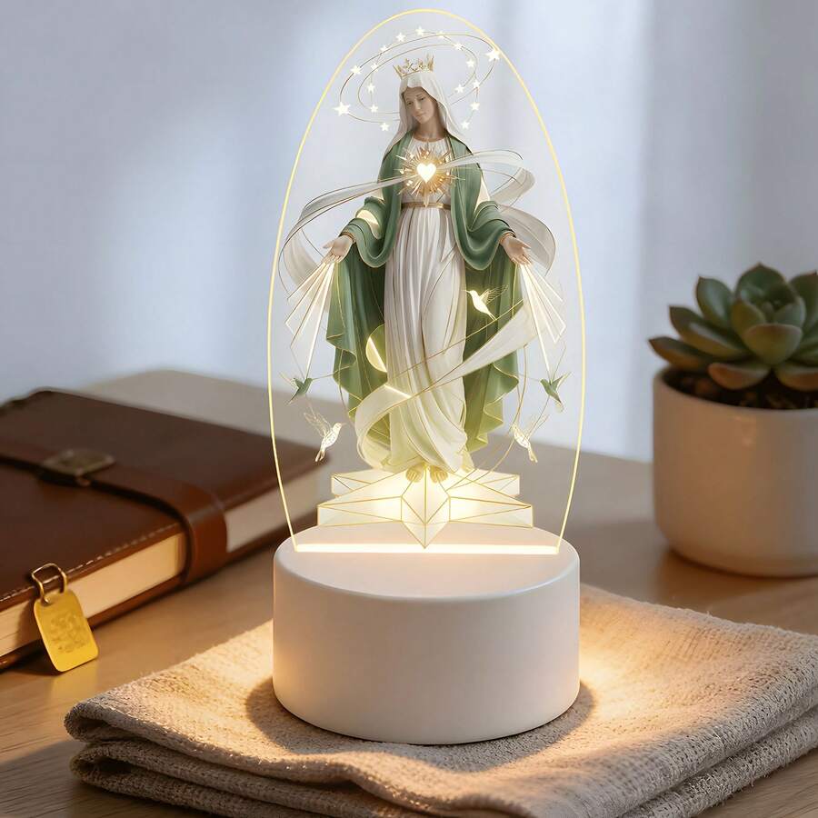 1pc High Transparency Acrylic Night Light, European Style Virgin Mary Statue, Vintage Sacred Heart Design, Glowing Decorative Lamp, Visual Star Light, Religious Decor Gift - Warm white light - View 1