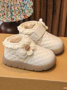 Girls' Winter Princess Boots! Lace Trim + Knitted Floral, Thick Fleece Lining, Heat Retention & Warmth, Hook And Loop Design, Soft Sole, Non-Slip, Comfortable - Beige - View 2
