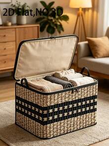 Large Beige Woven Basket With Lid - Foldable And Stackable, Ideal For Organizing Clothes, Blankets | Dust-Proof Large Rectangular Box, 2D Flat Design, Flip-Top Lid, For Entryway, Living Room, Christmas Decor, Under-Bed Storage ﻿ - Multicolor - View 2
