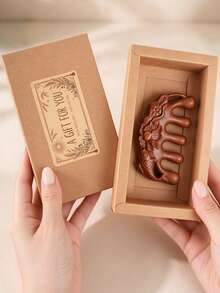 1pc Wooden Scalp Massage Comb, Carved Lotus Koi Fish Wide Tooth Comb, Wood Head Massager For Scalp Care, Anti-Static, Gift Box Included, Gift For Women - Brown - View 1
