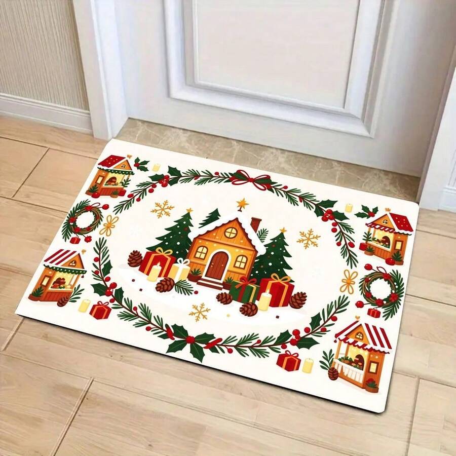 1pc New Christmas Best Seller - Daily Decor - Holiday Decor - Christmas - Christmas Wooden House & Pine Tree Snowflake Rug, Suitable For Living Room, Bedroom, Indoor - Machine Washable - Flannel Material, Soft Touch, Skin-Friendly, No Pilling, Easy Care, Odorless - Perfect For Home Decor, Room Decor, Living Room Rug, Bedroom Rug, Bathroom Rug, Kitchen Rug, Area Rug, Hotel Decor - Area Rug, All Season - Multicolor - View 1
