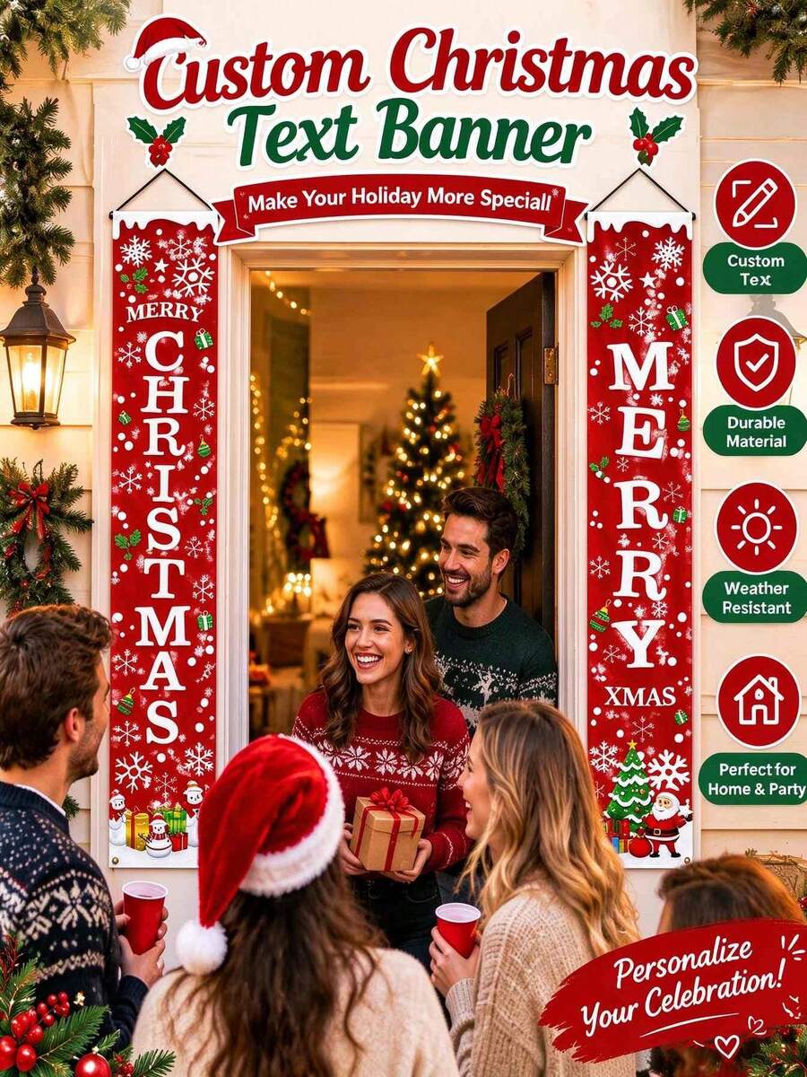 Customized Christmas Porch Banner Set, Customizable Text Christmas Door Sign, Merry Christmas Hanging Flag, Suitable For Front Door, Home Party, Store Holiday Decoration - Multicolor - View 1