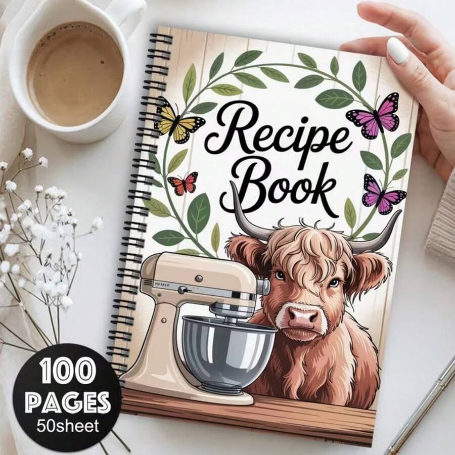 Subject Notebook Personal Organizers 1pc Fun Recipe Spiral Notebook Diary - Colorful Highland Cow And Kitchen Design With Butterfly Accents, Recipe Organizer For Healthy Recipes, Dessert Baking, Home Cooking - Gift For Women And Men - One Book (50 Pages, 100 Pages) - View 1