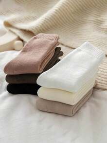 1/4/6 Pairs Women's Warm Fleece Socks, Winter Short Socks, Solid Color, Sleep Socks, Home Socks, Plush Socks, Black And White Solid Color, Comfortable Warm Breathable. (Random Color) - Multicolor - View 2
