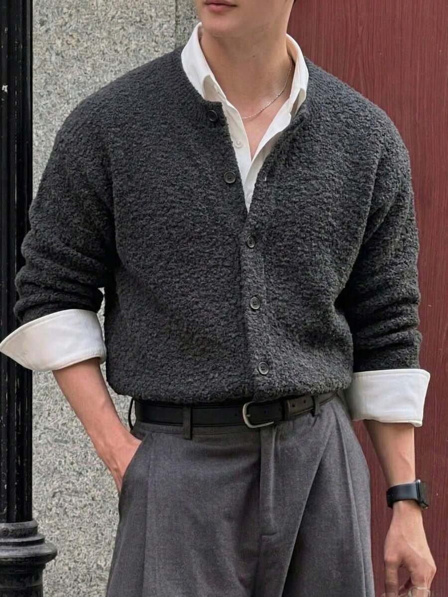 Men's Fashion Casual Versatile Daily Commute Home Wear Fuzzy Round Neck Button Cardigan Long Sleeve Loose Ribbed Knit Sweater Jacket Autumn Winter - Grey - View 1