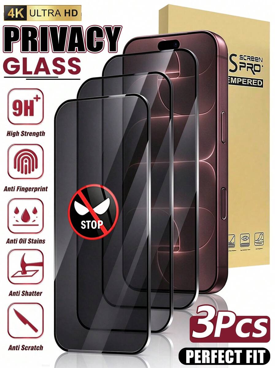 3片裝隱私螢幕保護貼,相容 iPhone 18 Pro/18 Pro Max/Duo/17/16/16e/15/14/13/13 Pro/12/11/17 Pro Max/17 Air/16 Pro Max/15 Pro Max/14 Pro/Plus/Mini/X/XR/XS Max/7/8/SE2/SE3,9H+ 鋼化玻璃,相容動態島,防刮、全螢幕覆蓋、隱私防窺 - 黑色 - 查看 1