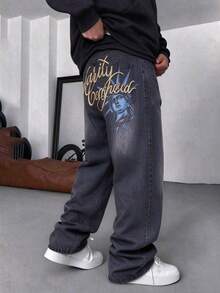 Tween Boys Casual Pocket Minimalist Elastic Waist Straight Leg Loose Digital Print Denim Jeans, Daily Wear - Black - View 1