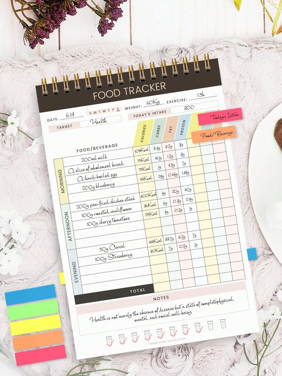 1pc 52-Page Daily Food Tracker Notepad, 21.7x14cm Top Spiral Meal Log With Calories, Carbs, Fat & Protein Tracking, Weight, Exercise & Notes Sections, Office Desk Accessories - Rectangle - View 1