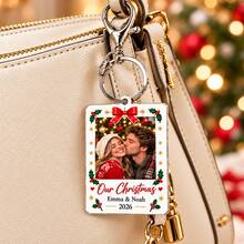 Custom Holly Photo Keychain, Personalized Christmas Picture Keychain, Festive Bag Charm, Customized Name Keychains, Customizable Holiday Gift - Multicolor - View 3