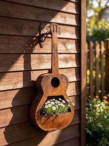 Guitar-Shaped Planter - Metal Wall-Mounted Planter, Vintage Iron Guitar Planter, Outdoor Garden Hanging Flower Planting Pot Decoration, Suitable For Garden, Yard Or Living Room; Ideal Gift For Music Lovers And Plant Enthusiasts. This Vintage Style Guitar Planter Combines Gardening Decoration Function And Is Also An Excellent Gift For Housewarming, Birthday Or Christmas. - A - View 7