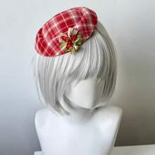 Christmas Red Plaid Mini Hat Hair Clip, Bow Bell Berry Vintage Beret Side Clip Holiday Photo Headpiece - Multicolor - View 4