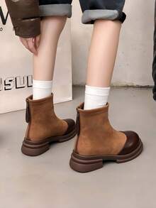 Women's Colorblock Round Toe Elastic Slim Fit Ankle Boots, Matte & Glossy Patchwork Thick Sole Ankle Boots With Back Zipper Chunky Heel, Retro Versatile Fashion Boots - Brown - View 3