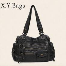 Solid Color Washed PU Leather, Zipper Closure, Multi-Pocket Design, Women's Shoulder Crossbody Bag, Casual & Practical, Suitable For Daily Life - Black - View 10