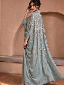 JINLICX Elegant Sage Green Hand Embellished Rhinestone Kaftan High Neck Cape Sleeve Maxi Dress For Formal Banquet - Mint Green - View 3