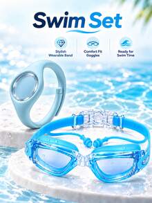 2pcs Swimming Goggles Set, High Definition Lenses, Adjustable Strap, Summer Swimming Training Water Play Equipment, Sports Wristband + Swimming Goggles - Baby Blue - View 1