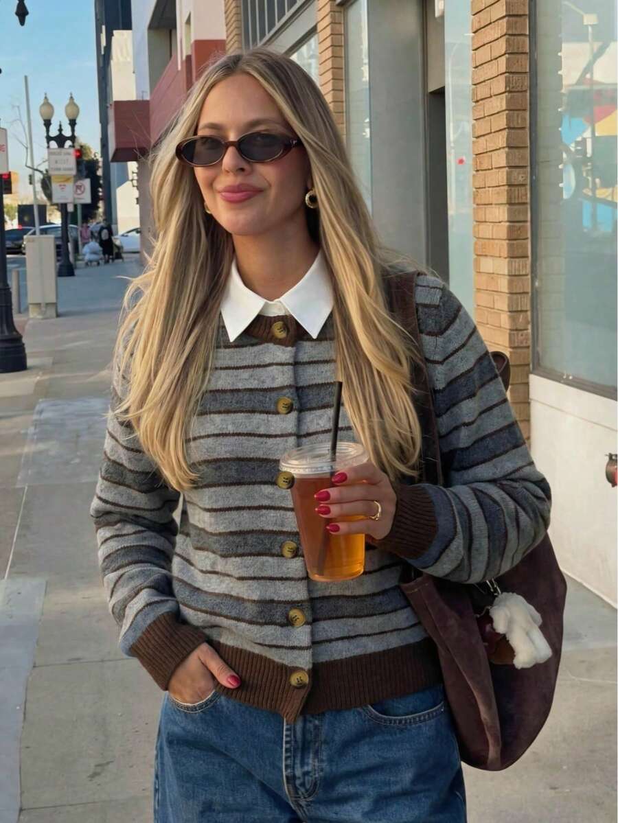Women's Vintage Collegiate Striped Front-Button Cardigan Knit Sweater ...