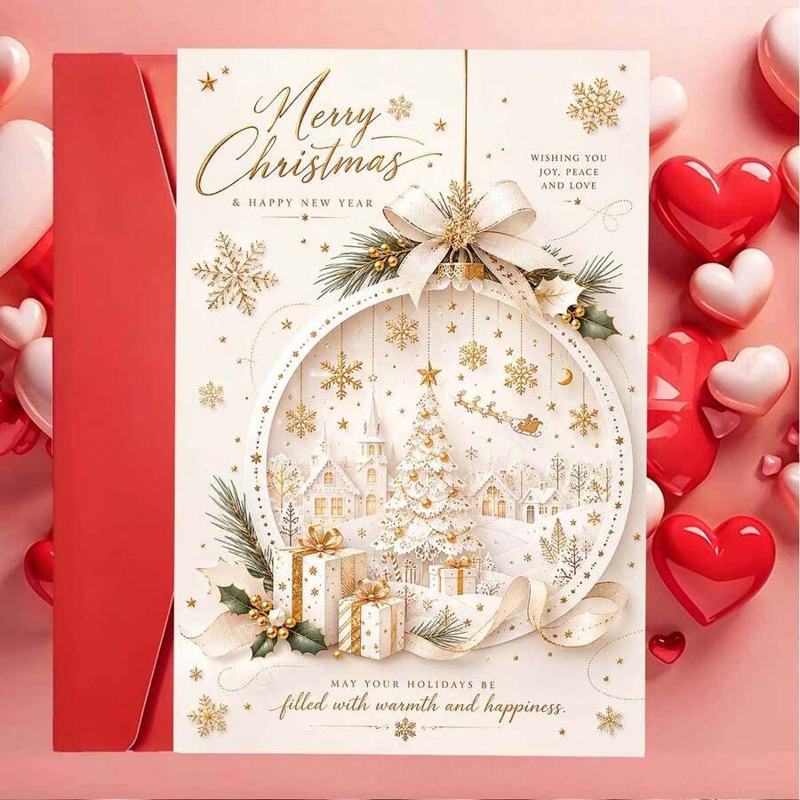 1pc Exquisite And Beautiful Christmas Card, Featuring A Three-Dimensional Winter Town Surrounded By Golden Snowflakes And Gift Boxes, Adorned With Flying Reindeer, And Printed With The Text "Merry Christmas." Suitable For Giving To Friends - Sets - View 1