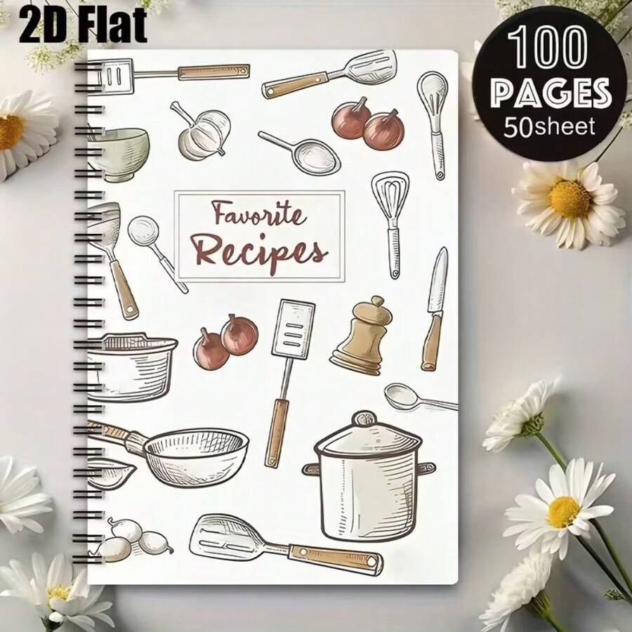 1pc [2D] Flat Spiral Notebooks Hand-Drawn Kitchen Utensils Recipe A5 Coil Notebook 50 Sheets 100 Pages Recording Private Recipes Baking Formulas Back-To-School Gift For Food Lovers Suitable For Back-To-School, Student Notebook - One Book (50 Pages, 100 Pages) - View 1