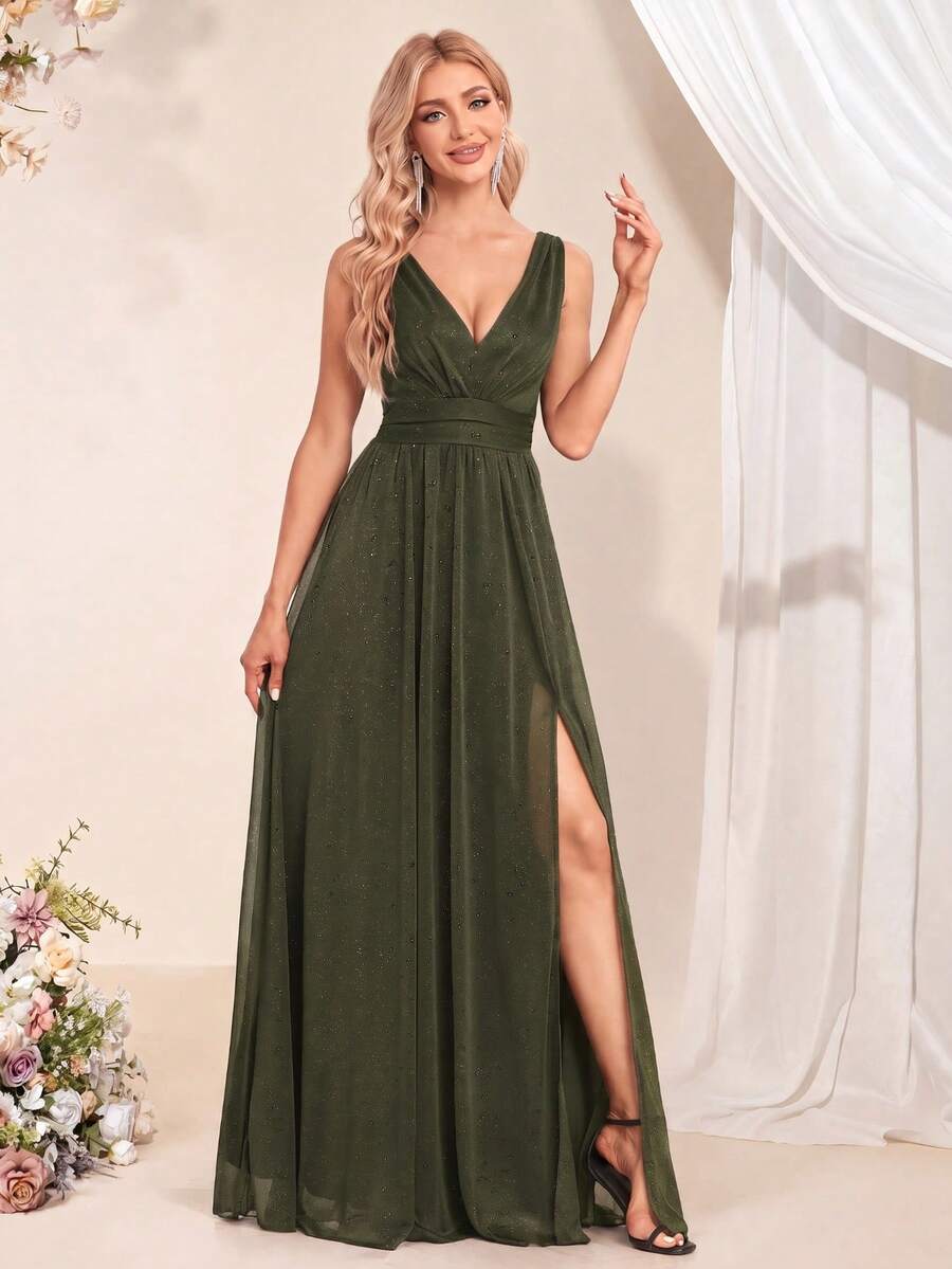 XUCTHHC Elegant V-Neck Sleeveless Tulle A-Line Bridesmaid Dress, Wedding Guest Dress, Party, Prom, Graduation, Holiday, Autumn Fall