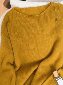 Women's Spring/Autumn Loose Soft Cozy Slouchy Minimalist Versatile Fashion Solid Color Knit Top, Suitable For Outerwear, Base Layer And Daily Wear - Yellow - View 9