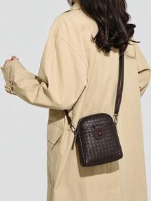 Women Crossbody Bag Mini Phone Bag Weave Pattern Faux Leather With Snap Button Detail Multi Pocket Function Retro Style For Autumn Winter Daily Wear - Coffee - View 2