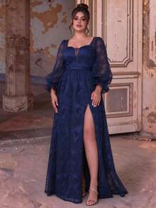 MGIACY Plus Size Elegant Women's Deep Blue Floral Lace Square Neck Puff Sleeve High Slit A-Line Maxi Dress, Suitable For Wedding, Party And Holiday - Navy Blue - View 1
