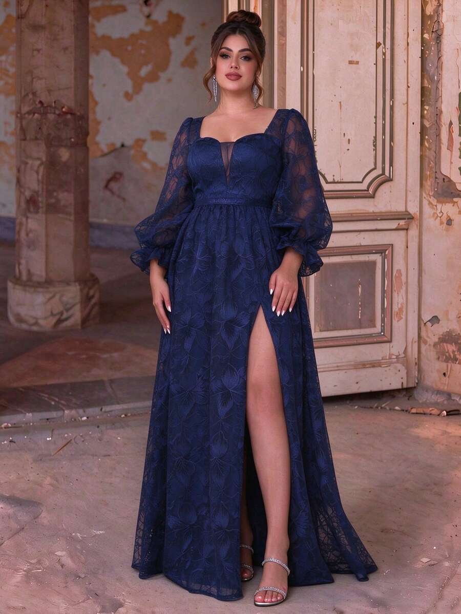 MGIACY Plus Size Elegant Women's Deep Blue Floral Lace Square Neck Puff Sleeve High Slit A-Line Maxi Dress, Suitable For Wedding, Party And Holiday - Navy Blue - View 1