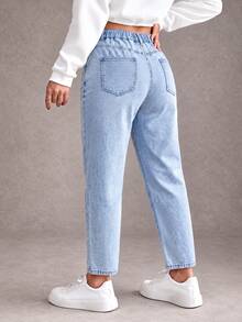 Quần jean mom denim dáng rộng size lớn, có túi, màu xanh nhạt không co giãn, quần dài đa năng mặc hằng ngày - Màu xanh lam - Xem 3