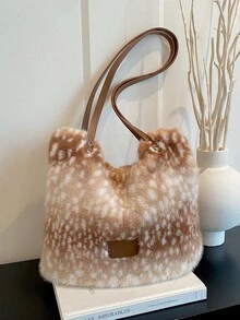 Autumn/Winter Women's Plush Gradient Color Tote Bag, Fashion Polka Dot Pattern Large Capacity Shoulder Bag/Commuter Bag - Khaki - View 7