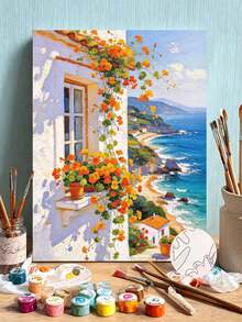 DIY Digital Painting Set, Mediterranean Flower Landscape Window, Hand-Painted Oil Painting, Home Wall Decoration Gift. - A - View 1