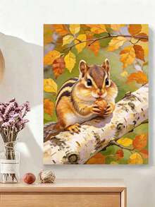 DIY Paint By Numbers Kit, Cute Chipmunk Eating Nut On Birch Tree Autumn Animal Oil Painting, Hand Painted Painting Kit, Home Wall Decor Gift - A - View 2
