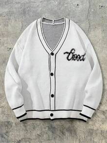 ANDREILEE Men's Streetwear Minimalist Letter V-Neck Button Striped Knit Cardigan Jacket, Unisex Casual Loose Fashion Open Front Top, Spring Autumn Winter - White - View 2