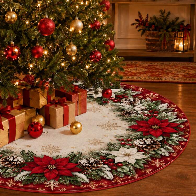 1pc Red And White Poinsettia Snowflake Wreath Pattern Christmas Tree Skirt, Elegant Color Holiday Decor, 5 Sizes, Unisex Holiday Gift, Suitable For Home And Party Christmas Home Decoration - Red and White Poinsettia Snowflake Wreath - View 4