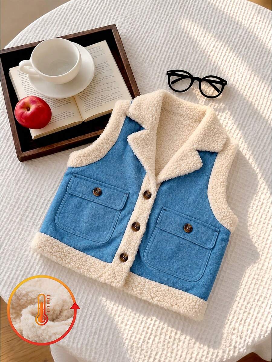 Girls' Autumn/Winter Vintage Casual Lapel Contrast Color Single-Breasted Button-Up Double Pocket Thermal Lined Vest Jacket - Multicolor - View 1
