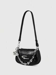 Women's Ruched Faux Leather Baguette Shoulder Bag With Metal Star Decor, Chunky Bead Chain, Detachable Charm Zipper Underarm Bag - Black - View 2