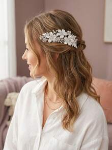 1pc Elegant Floral Rhinestone Hair Comb, Wedding Bridal Hair Accessory, Shiny Alloy Hair Clip, Suitable For Women's Party, Ball, Daily Styling - Multicolor - View 6
