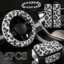 5pcs Leopard Print Plush Car Steering Wheel Cover With Pocket, Classic Fashion Car Steering Wheel Cover Rearview Mirror Cover Armrest Pad Shoulder Protector Set, Women's Car Interior Accessories - A - View 10