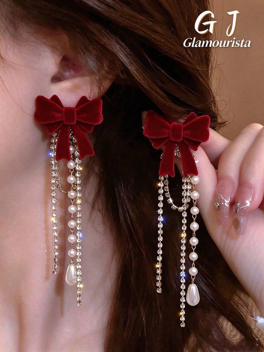 1 Pair French Sweet Bow Faux Pearl Earrings, Minimalist Elegant Luxury Versatile Design With Chain, New Year Style Stud Earrings For Women, Suitable For Daily, Holiday And Commute Wear - Burgundy - View 1