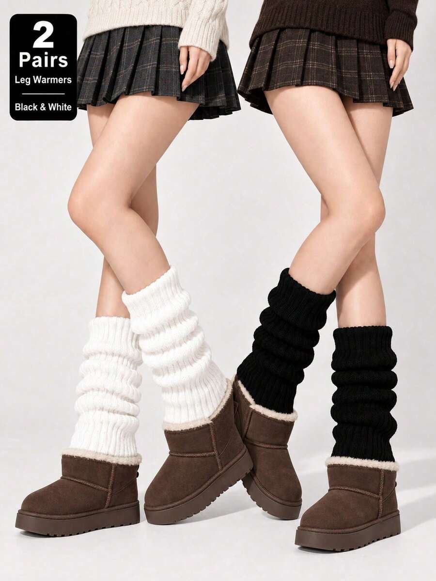 2 Pairs Women's Chunky Ribbed Knit Leg Warmers, Black And White Loose Boot Socks, Comfortable Cuffs, Suitable For Balletcore,Academia,And Street Style - Multicolor - View 1