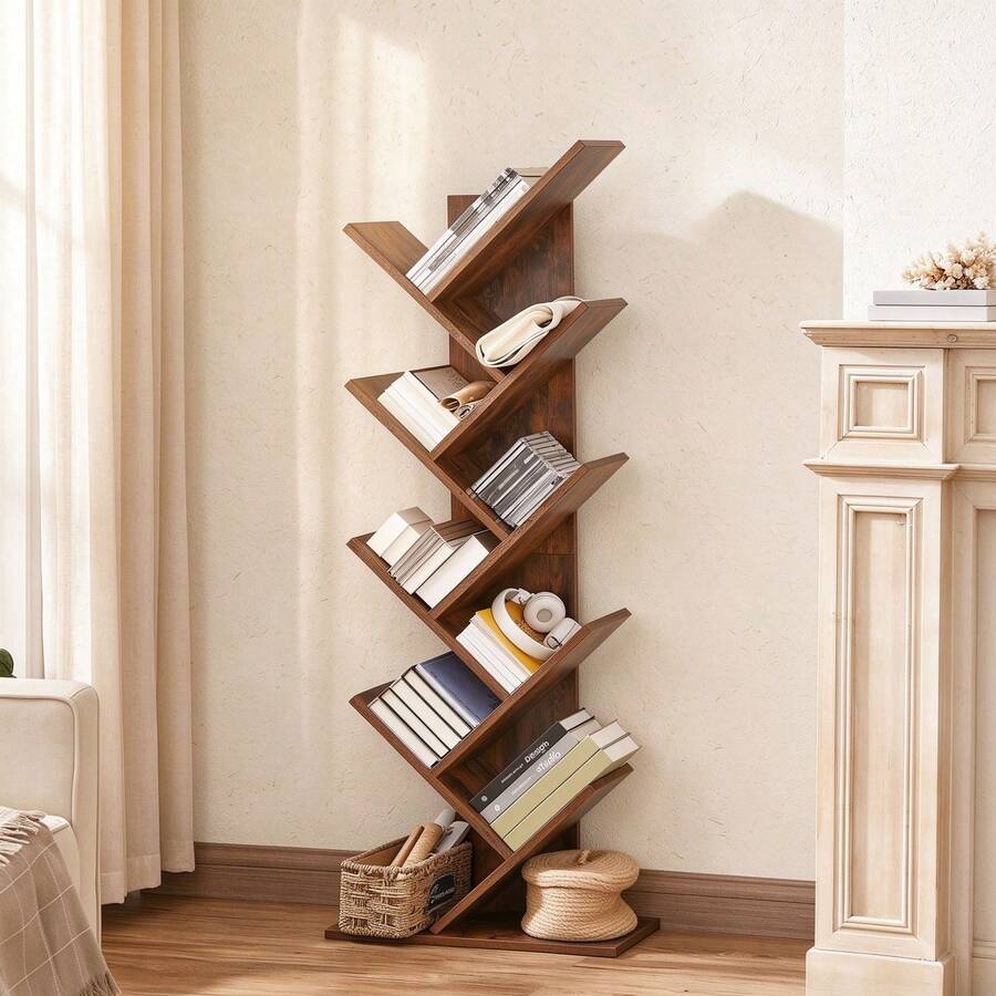 VASAGLE Tree Bookcase 8-Tier Bookcase CD And DVD Rack Free Standing Bookshelf For Living Room Study Office Kids Room Rustic Brown
