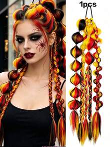 1pc 24 Inch Multicolor Bubble Braided Ponytail Wig, Cool Girl Handmade Braided Hair - Multicolor - View 4