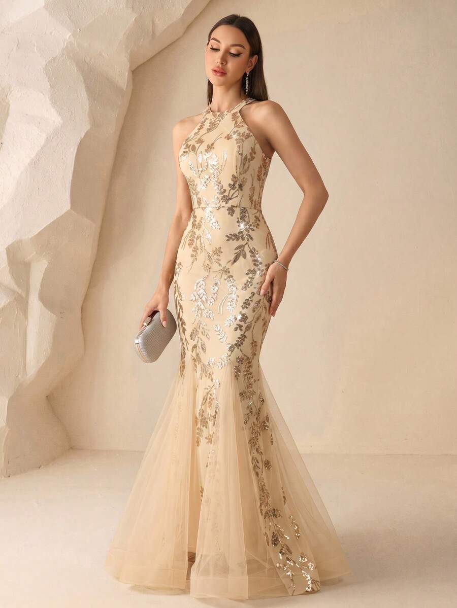 Autumn Gold High-Quality Elastic Sequin Halter Neck Sleeveless Mermaid Party Dress, Suitable For Formal Balls, Wedding Guests And Holiday Occasions - Gold - View 1