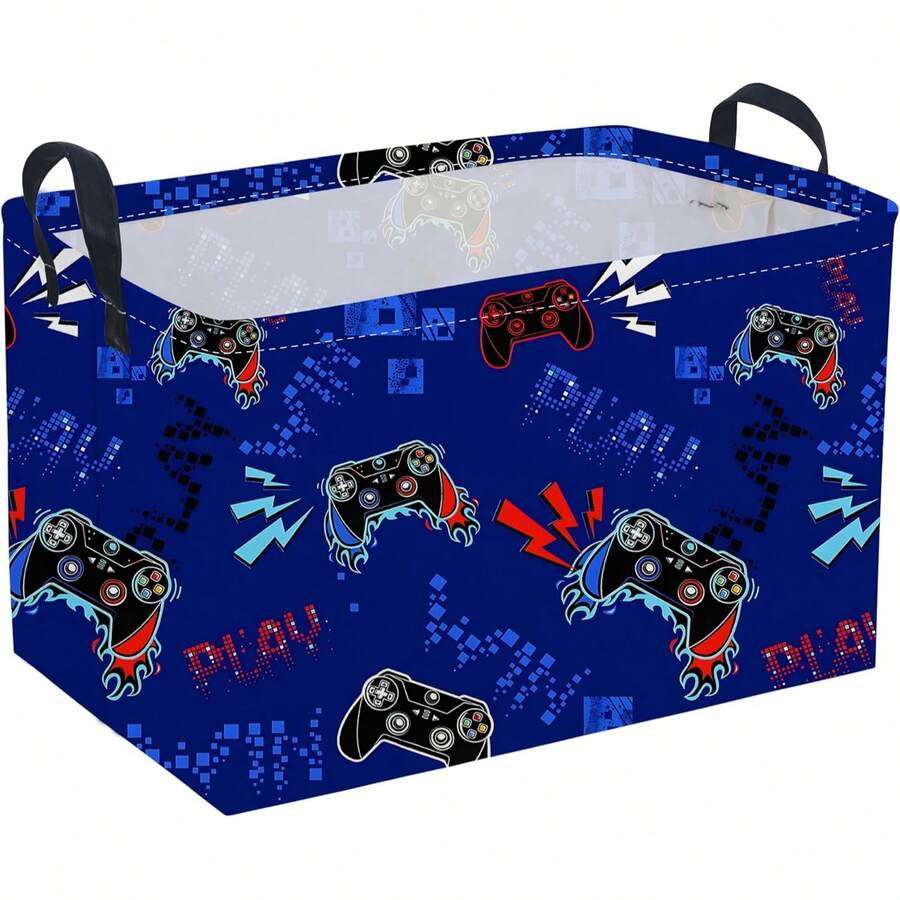1PC Blue Game Controller Lightning Print Storage Basket With Handles, Collapsible Home Sundries Organizer Bin, Large Capacity Easy Carry Durable, Perfect For Bedroom Closet Dorm Bathroom Laundry, Summer Home Decor Organizer Gift For Adults - Blue - View 1