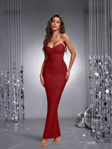 Bernatova Sexy Strapless Midi Bodycon Party Cocktail Bandage Dress With Back Slit, Suitable For Birthday, Back To School, Graduation, Wedding Guest, Formal Dinner And Other Occasions - Burgundy - View 1