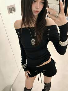 Women's Cold Shoulder Button Long Sleeve Top, Autumn/Winter Base Layer - Black - View 1