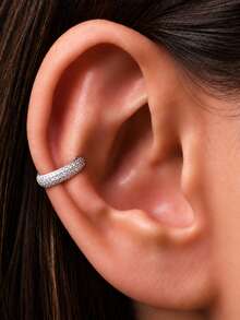Tysoendlay 1Pc S925 Sterling Silver Geometric Triple Row Pave Ear Cuff, White Gold Tone, Non Piercing Clip On Earring For Women Girls, Daily Party Gift - Silver - View 3