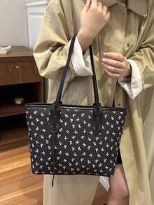 歐美跨境大容量日常通勤印花學生校園休閒手提托特肩背腋下包 - 黑色 - 查看 5