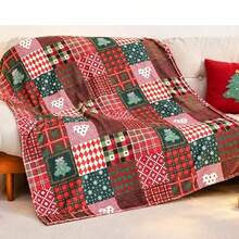 Christmas Patchwork Plaid Print Flannel Blanket, Plaid Christmas Tree Snowflake Heart Pattern Soft Throw Blanket, Holiday Home Decor Blanket - Multicolor - View 6